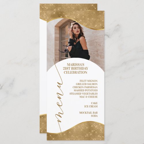 Elegant White and Gold Menu Place Card with Photo