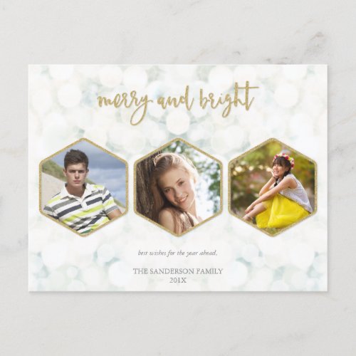 Elegant White and Gold Merry and Bright 3 Photo Holiday Postcard