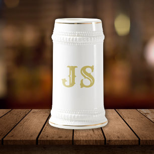Elegant White and Gold Monogram Beer Stein