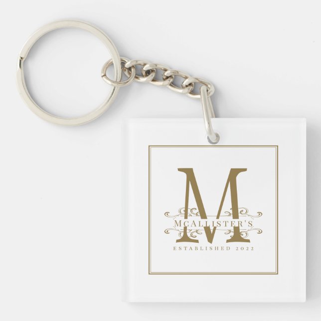 Elegant White and Gold Monogram Family Glamorous Keychain (Front)