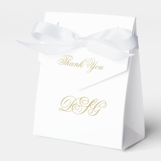 Elegant White and Gold Monogram Thank You Favor Boxes (Front Side)