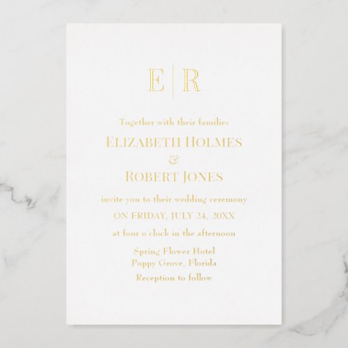 Elegant White and Gold Monogram Wedding Foil Invitation