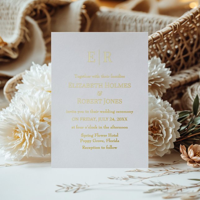 Elegant White and Gold Monogram Wedding Foil Invitation (Elegant White and Gold Monogram Wedding Foil Invitation on a table with boho decoration and flowers)