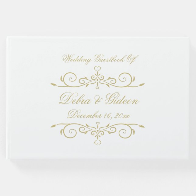 Elegant White and Gold Monogram Wedding Guest Book (Front)