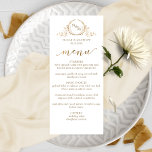Elegant White and Gold Monogram Wedding Menu<br><div class="desc">Elegant wedding menu card with delicate fine hand drawn monogram with couples initials. Ability to add your own name(s), date, menu description on the front and monogram initials. Hand written calligraphy detail in faux golden foil. Design in white background and golden hue monogram and text. Back in white. Ability to...</div>