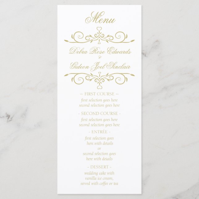 Elegant White and Gold Monogram Wedding Menu (Front)