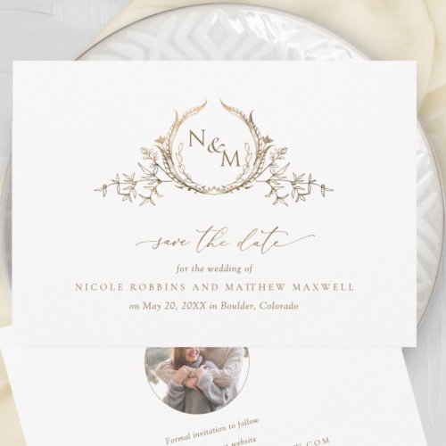 Elegant White and Gold Monogram Wedding Photo Save The Date