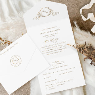 Elegant White and Gold Monogram Wedding with RSVP All In One Invitation