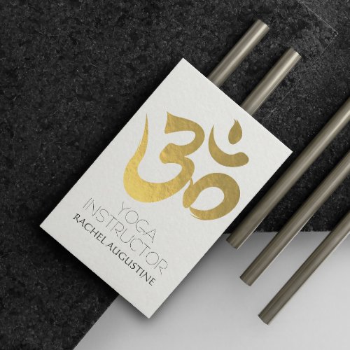 Elegant White and Gold Om Symbol Yoga Instructor Business Card