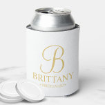 Elegant White and Gold Personalized Bridesmaid Can Cooler<br><div class="desc">Elegant White and Gold Personalized Bridesmaid Gifts featuring personalized monogram in gold elegant script font style with bridesmaid's name and title in gold classic serif font style. Also perfect for Maid of Honor, Flower Girl, Mother of the Bride and more. Please Note: The foil details are simulated in the artwork....</div>