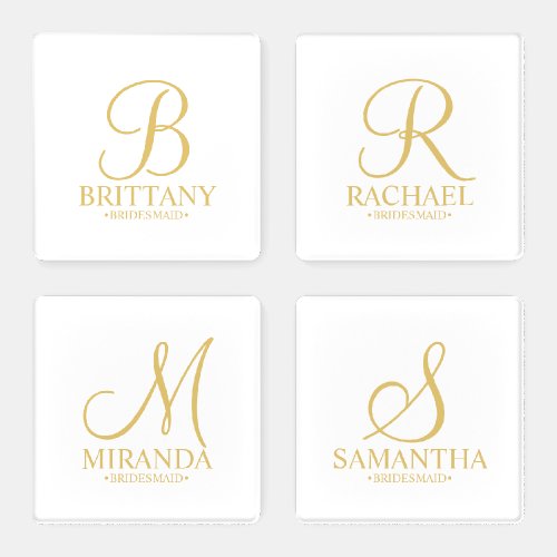 Elegant White and Gold Personalized Bridesmaid Coaster Set
