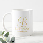 Elegant White and Gold Personalized Bridesmaid Coffee Mug<br><div class="desc">Elegant Personalized Bridesmaid Gifts featuring personalized monogram in gold elegant script font style with bridesmaid's name and title in gold classic serif font style. Also perfect for Maid of Honor, Flower Girl, Mother of the Bride and more. Please Note: The foil details are simulated in the artwork. No actual foil...</div>