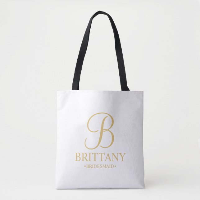 Elegant White and Gold Personalized Bridesmaid Tote Bag (Front)