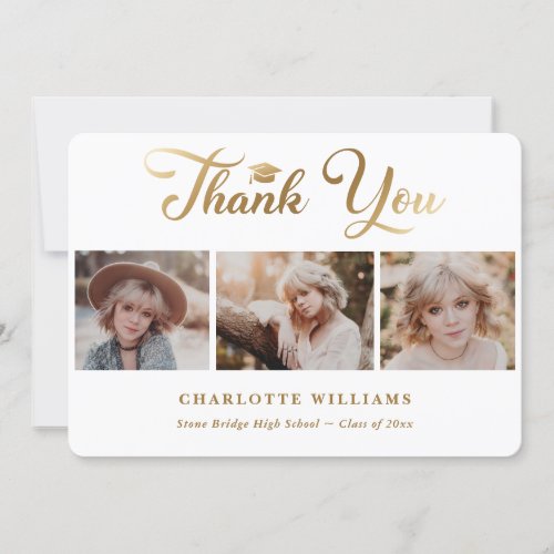 Elegant White and Gold Photo Collage Graduation Thank You Card