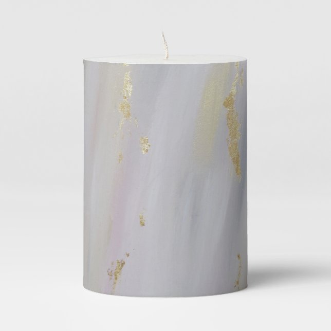 Elegant White and Gold Pillar Candle (Front)