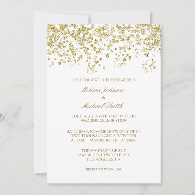 Elegant White and Gold Polka-dots Confetti Wedding Invitation (Front)
