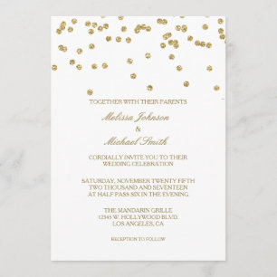 Elegant White and Gold Polka-dots Confetti Wedding Invitation