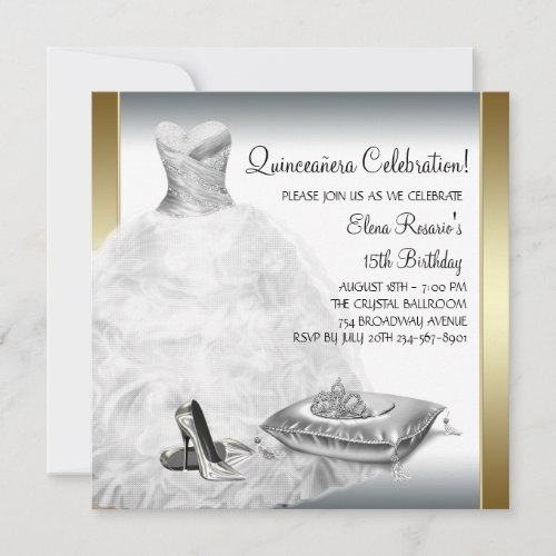 Elegant White and Gold Princess Quinceanera Invitation