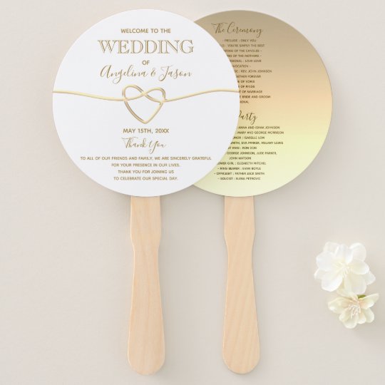 Elegant White And Gold Rope Heart Wedding Program Hand Fan