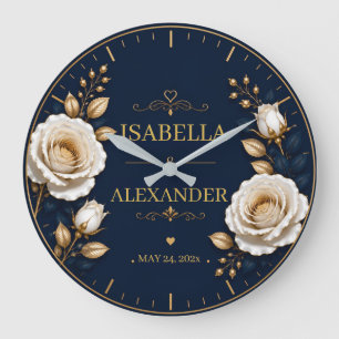 Elegant White and Gold Rose on Navy Blue Large Clock