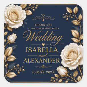 Elegant White and Gold Rose on Navy Blue Square Sticker