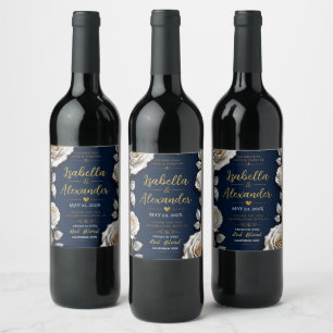 Elegant White and Gold Rose on Navy Blue  Wine Label