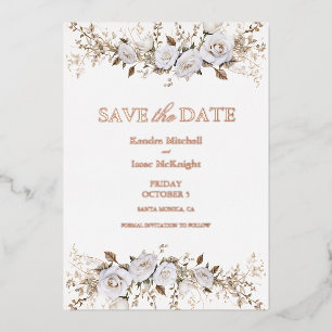 Elegant White and Gold Roses Vintage Crest Wedding Foil Invitation