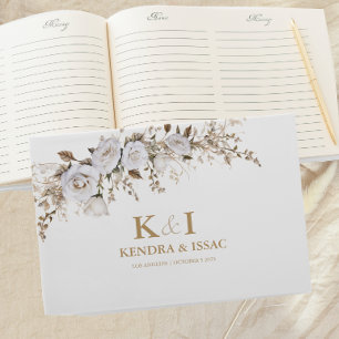 Elegant White and Gold Roses Vintage Crest Wedding Guest Book