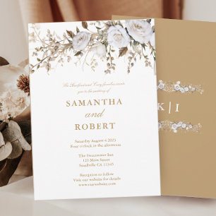 Elegant White and Gold Roses Vintage Crest Wedding Invitation