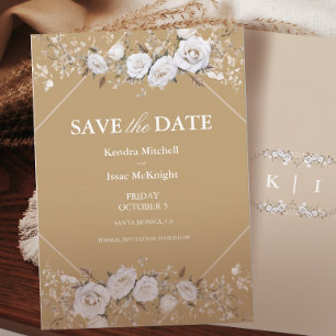 Elegant White and Gold Roses Vintage Crest Wedding Save The Date