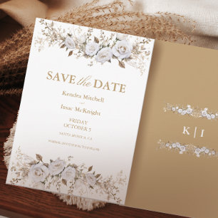 Elegant White and Gold Roses Vintage Crest Wedding Save The Date