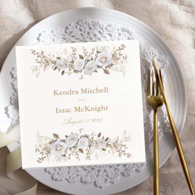 Elegant White and Gold Roses Vintage Wedding Napkins (Creator Uploaded)