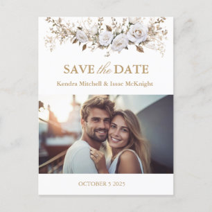 Elegant White and Gold Roses Vintage Wedding Photo Postcard