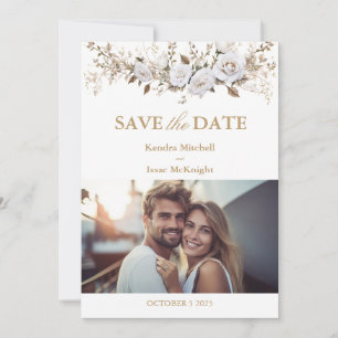 Elegant White and Gold Roses Vintage Wedding Photo Save The Date