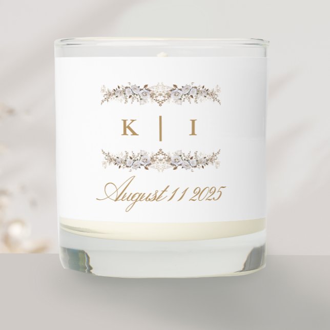 Elegant White and Gold Roses Wedding Monogram Scented Candle (Creator Uploaded)