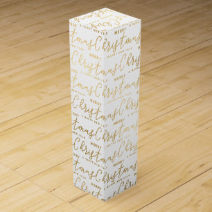 Elegant White and Gold Script Merry Christmas Text Wine Box