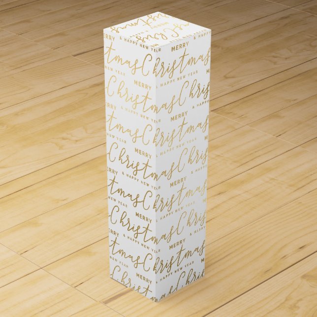 Elegant White and Gold Script Merry Christmas Text Wine Box (Front)