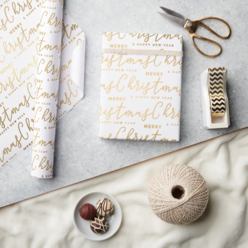 Elegant White and Gold Script Merry Christmas Text Wrapping Paper
