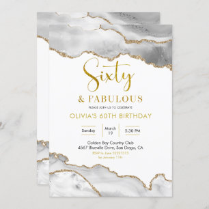 Elegant White and Gold Sixty and Fabulous Invitation