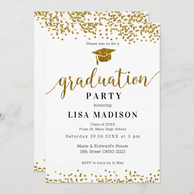 Elegant White and Gold Sparkle Glitter Graduation Invitation | Zazzle