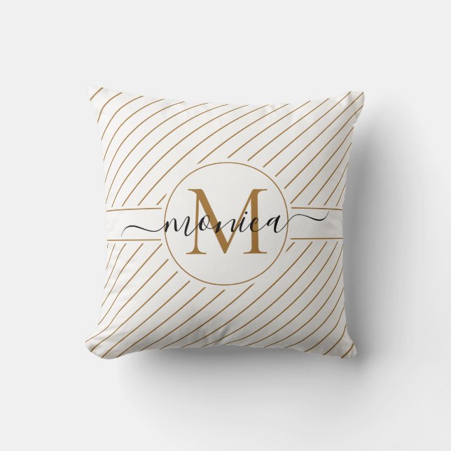 Elegant White and Gold Striped Monogram Name Throw Pillow (Front)