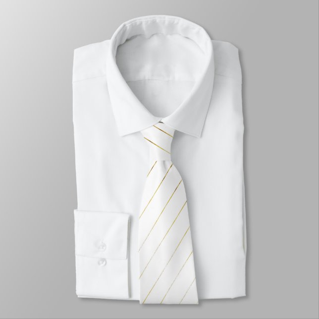Elegant White and Gold Striped Wedding Neck Tie (Tied)