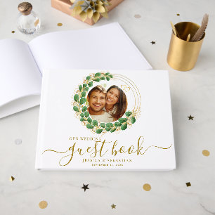 Elegant White and Gold Two Photos Wedding Guest Book