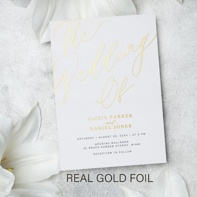 Elegant white and gold typography wedding foil invitation (Creator Uploaded)