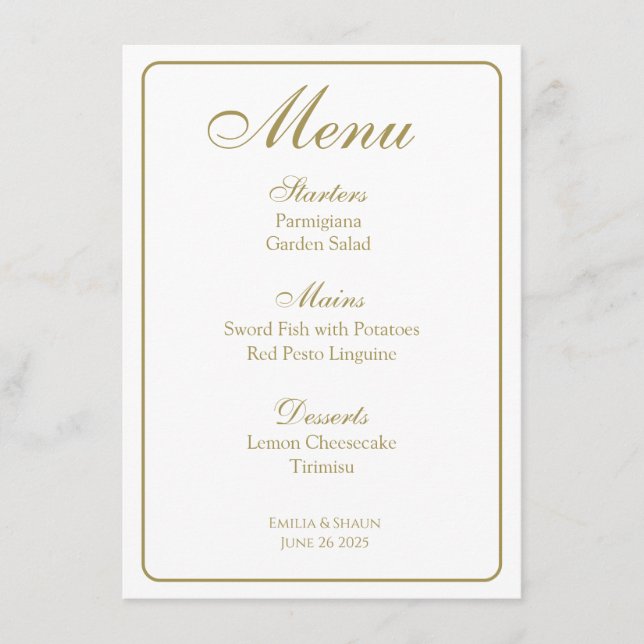 Elegant White and Gold Wedding Menus (Front)