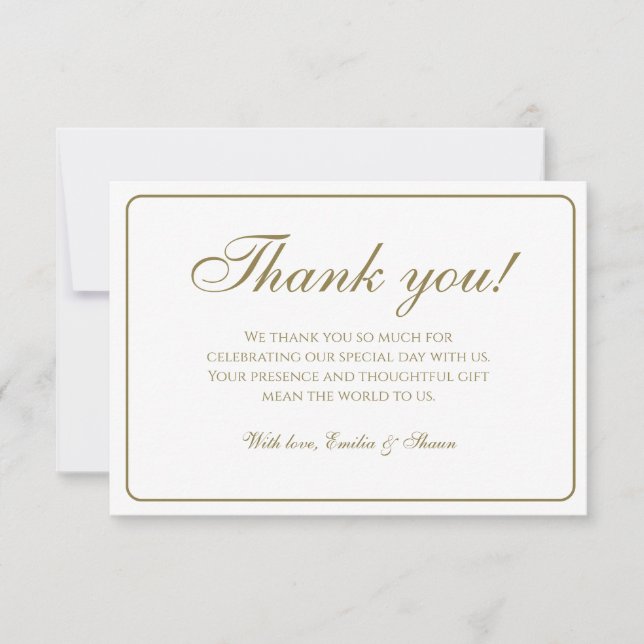 Elegant White and Gold Wedding Thank You Card (Front)