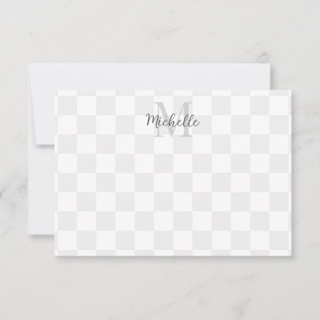 Elegant White and Gray Checkerboard Custom Name Note Card (Front)