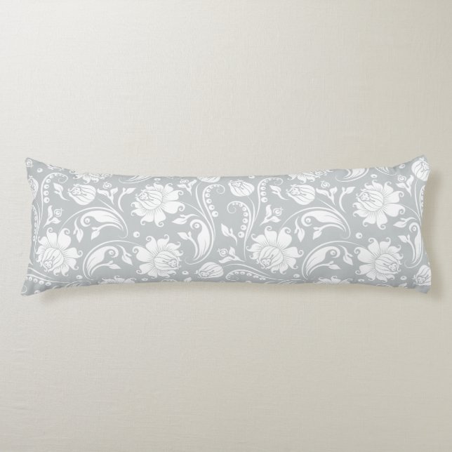 Elegant White And Gray Floral Damask Body Pillow (Front)