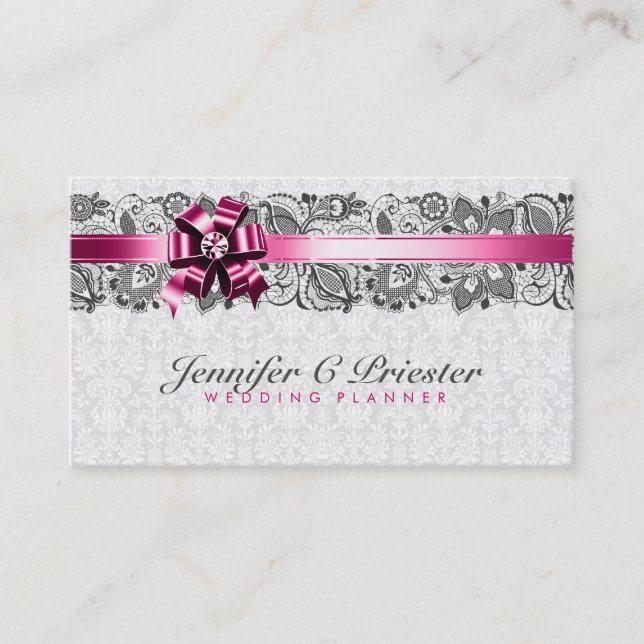 Elegant White And Gray Floral Damasks & Lace Business Card (Front)