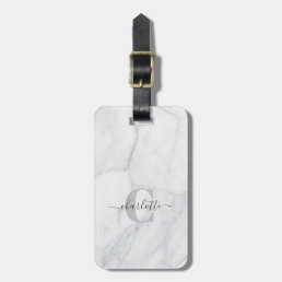 Elegant White and Gray Marble Monogram Name Luggage Tag